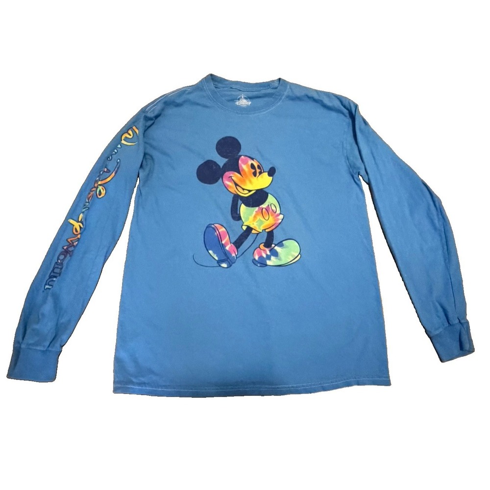 Disney Parks Mickey Mouse Long Sleeve Shirt Men M Blue Colorful Graphic Sleeve